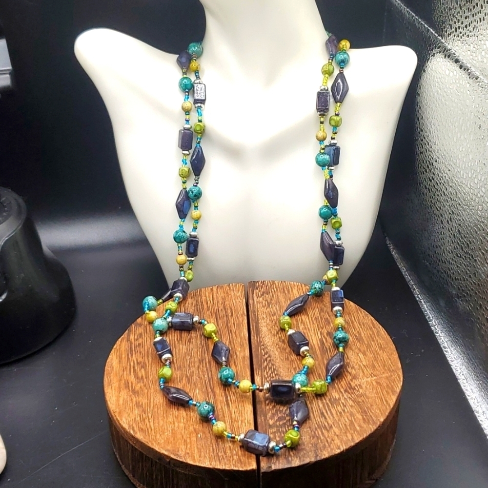 N2914 ceramic glass and‎ stone mixed double layer necklace